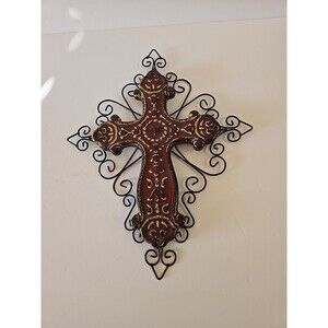 Ornamental Cross Black Metal and Red Ceramic Wall Art Décor 13 1/2" x 9 1/2"-12